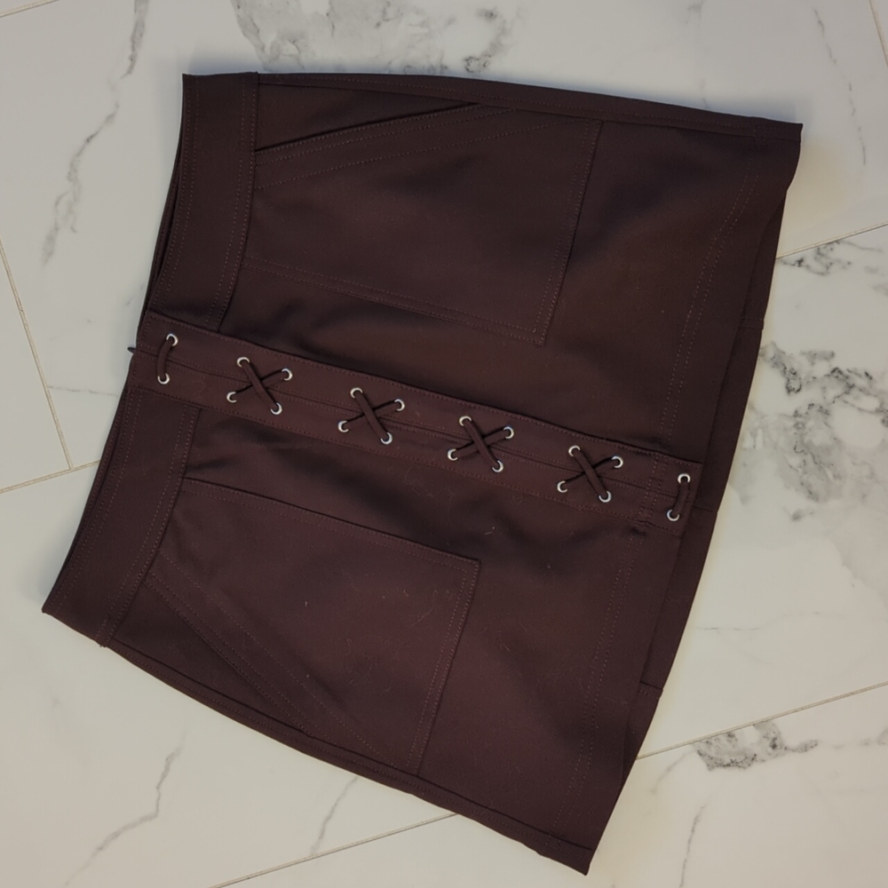 Express purple mini skirt with cross detail